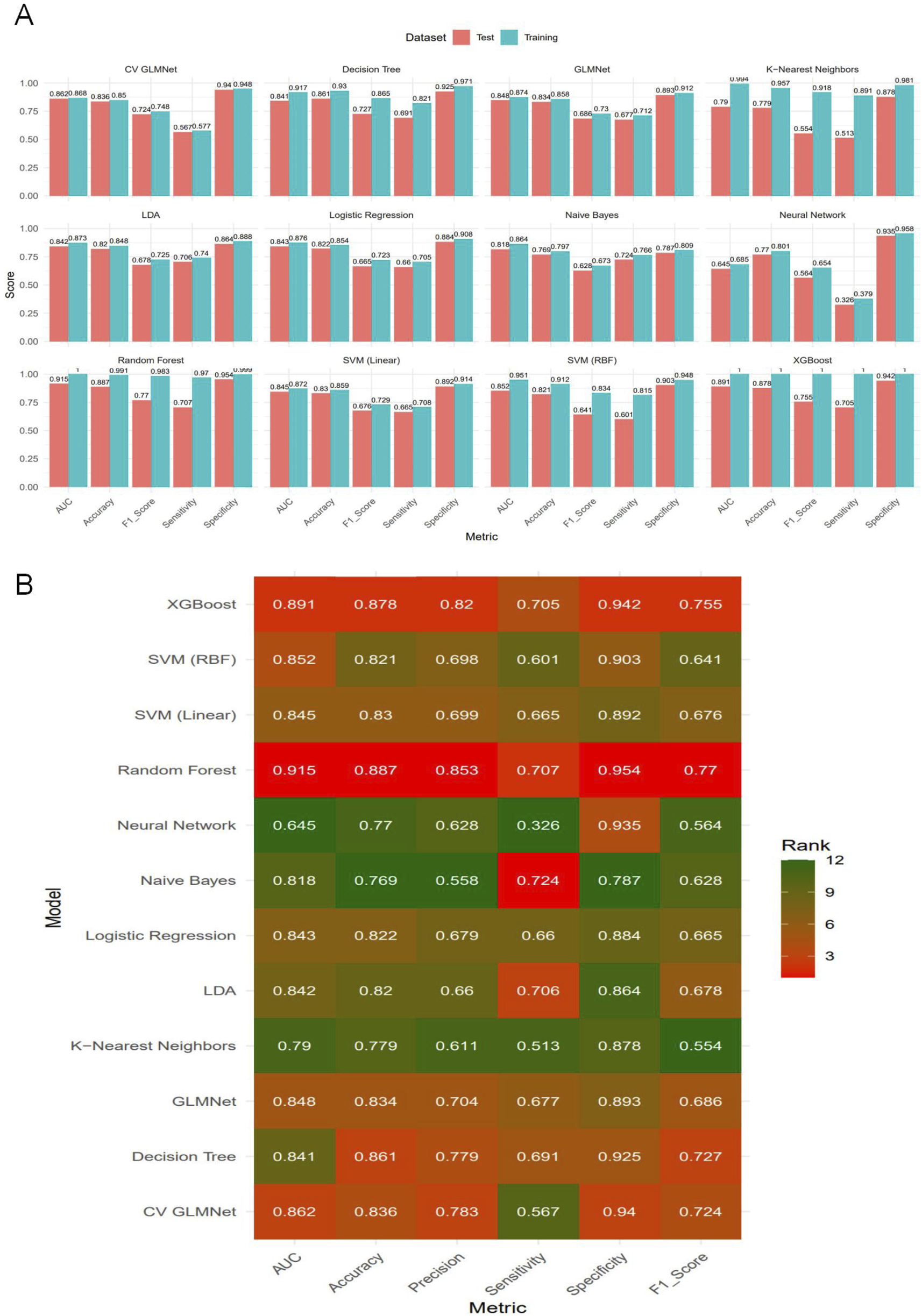 Panel A shows bar charts comparing test and training scores across different machine learning models, evaluated on metrics like AUC, accuracy, and specificity. Panel B is a heat map ranking models such as XGBoost and Random Forest by similar metrics, using a color gradient to indicate performance rank.