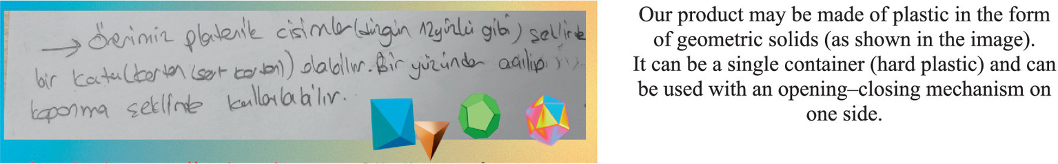 Handwritten text in Turkish with an arrow pointing to colorful geometric solids, including a pyramid, cube, and polyhedron. The text mentions plastic containers resembling these shapes with an open-close mechanism on one side.