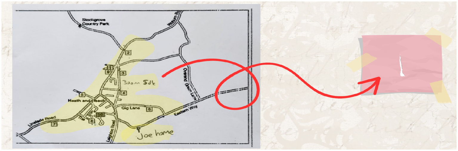 Map showing the area around Stockgrove Country Park with roads labeled, including Leighton Road and Gig Lane, and points of interest numbered. A red arrow points to a torn pink paper taped on the right.