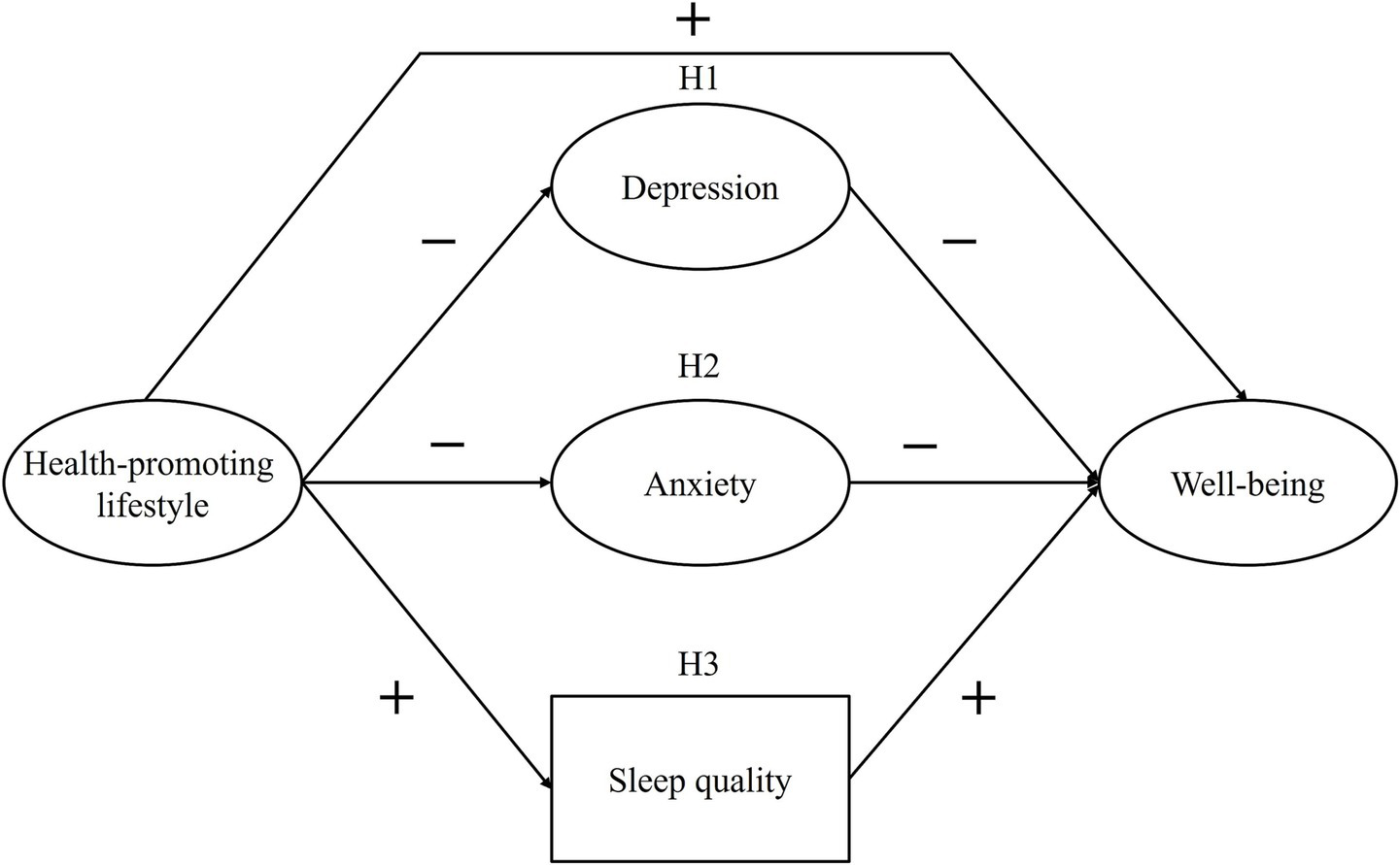 Diagram showing relationships between health-promoting lifestyle, depression, anxiety, sleep quality, and well-being. Arrows indicate positive or negative correlations: health-promoting lifestyle positively affects well-being and sleep quality, and negatively affects depression and anxiety. Sleep quality positively influences well-being. Depression and anxiety negatively impact well-being. Hypotheses (H1, H2, H3) denote these relations.