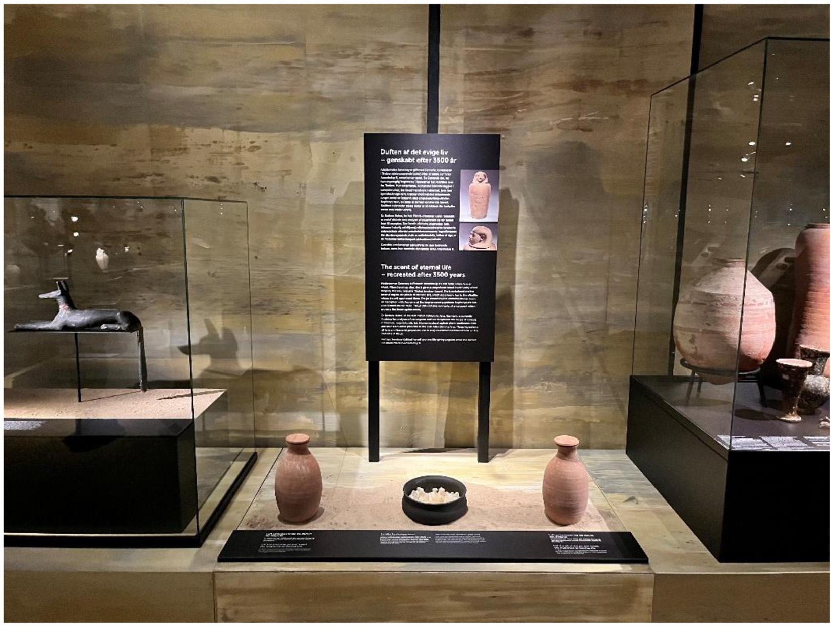 Museum glass display case featuring ancient artifacts and a scent station. A black plaque provides information about the exhibit. The setting is dimly lit, enhancing the display's focus.