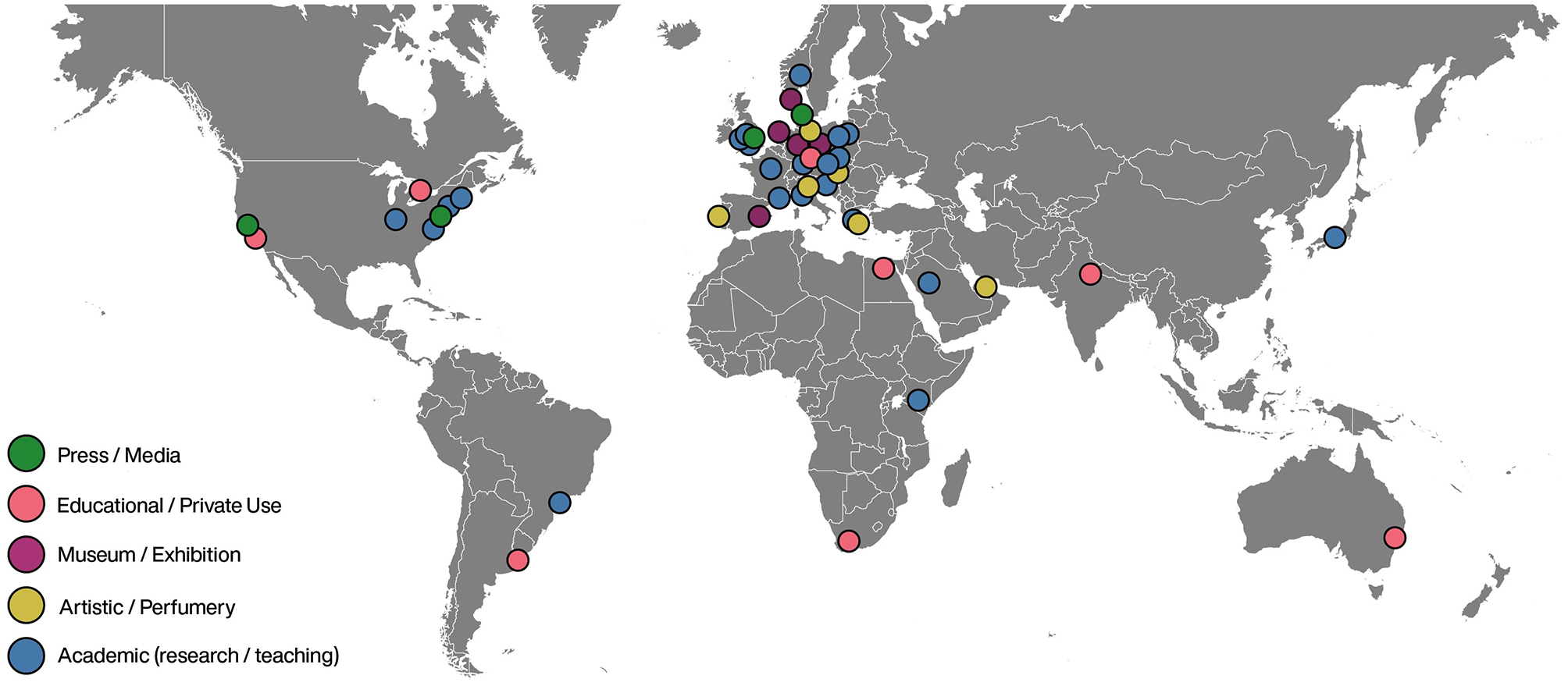 World map with colored dots indicating different ways the Scent of the Afterlife card was distributed. Green dots represent press/media, pink indicates educational/private use, purple for museum/exhibition, yellow for artistic/perfumery, and blue for academic purposes. Most dots are concentrated in Europe, with others in North America, Africa, and Australia.