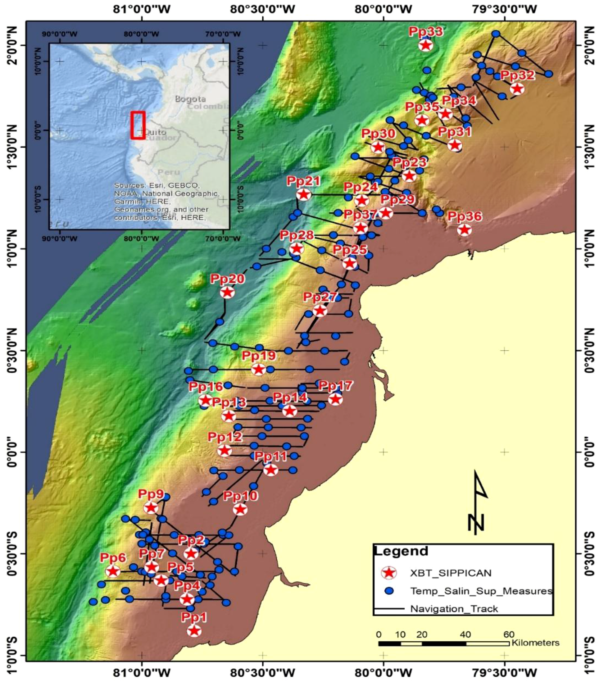 Map showing oceanographic data collection points along the Pacific coast of Ecuador. Red stars indicate XBT_SIPPICAN locations, and blue circles represent temperature and salinity measurement sites. Black lines trace the navigation route. Inset map highlights the region within South America's northwest, near Quito, Ecuador. The legend and scale are included.