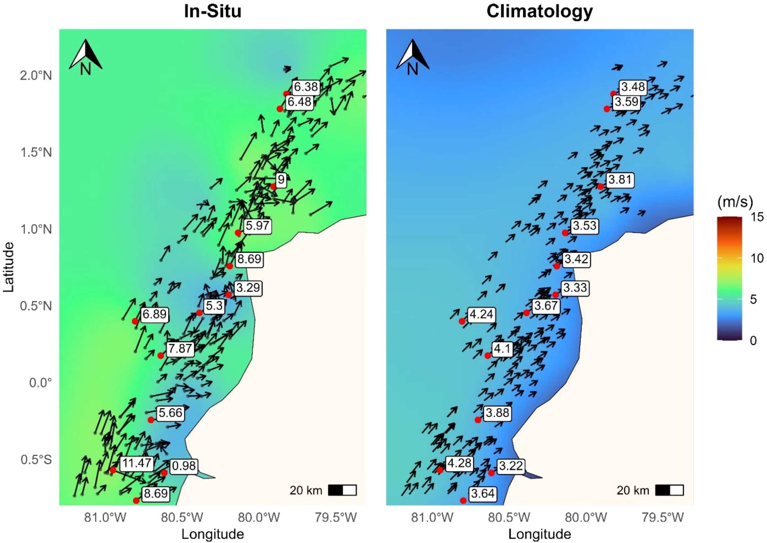 Side-by-side maps about surface winds (speed and direction) on the eastern Pacific Ocean. The left map shows in-situ data with directions depicted by arrows. The right map shows climatology data, similarly labeled. Color gradients indicate current strength from blue (weak) to red (strong). Both maps include latitude and longitude markers, a scale bar, and a compass for orientation.