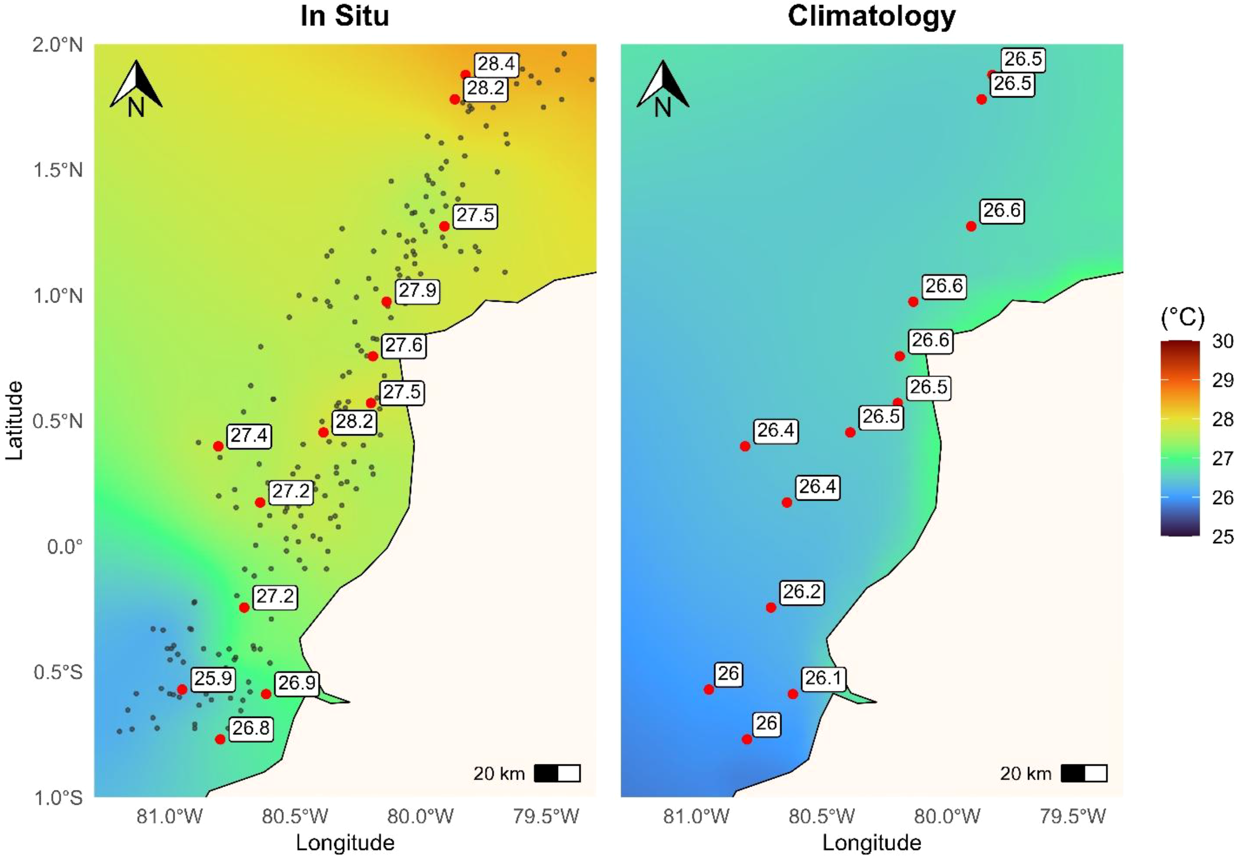 Two panels compare ocean temperatures. The left panel displays in-situ sea temperatures ranging from 25.9 to 28.4 degrees Celsius. The right panel shows climatology with temperatures from 26 to 26.6 degrees Celsius. Both maps indicate locations with red dots and have a color gradient from blue to yellow, representing cooler to warmer temperatures. Latitude and longitude markings are present, with a color scale indicating temperature in Celsius on the right. A compass rose in each panel indicates the north direction.