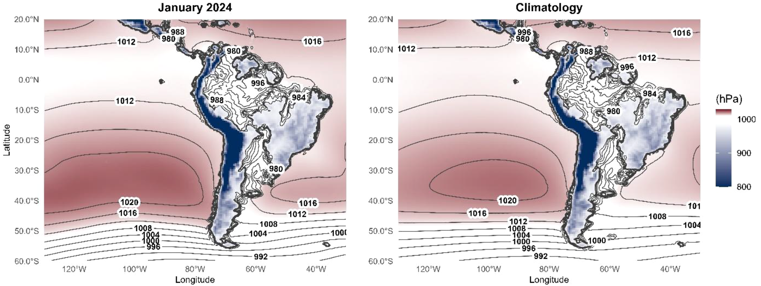 Atmospheric Isobars, showing the South Pacific Anticyclone. The left map shows January 2024 pressures, with contours colored from dark blue to red, ranging from eight hundred to one thousand hectopascals. The right map depicts climatological data with similar gradient colors and pressure values, highlighting differences between the two periods. Contour lines illustrate pressure variations across the continent.