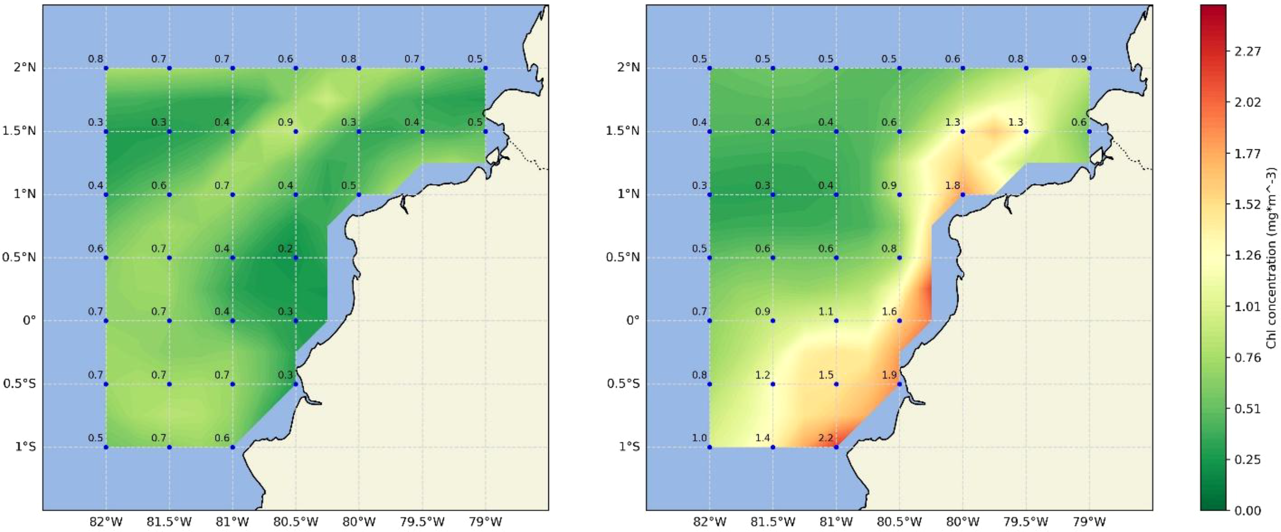 Two maps display chlorophyll concentration off the coast of a region. The left map shows predominantly green areas indicating lower concentration levels, while the right map has yellow to red areas near the coast representing higher concentration levels. A color scale on the right quantifies the concentration from 0.00 to 2.27 mg per cubic meter.