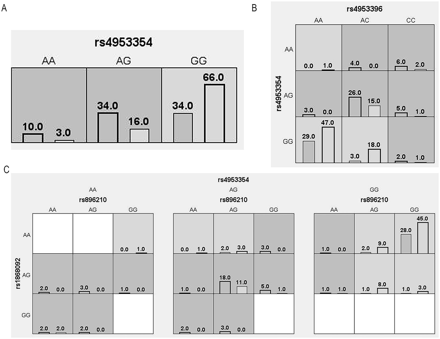 Three panels display genetic data distributions. Panel A shows bar graphs for rs4953354 with genotypes AA, AG, GG. Panel B features a heatmap for rs4953396 and rs4953354 combinations. Panel C presents three heatmaps showing rs896210 by rs1868092, rs4953354, and rs896210 for different genotypes. Numeric values represent frequencies.