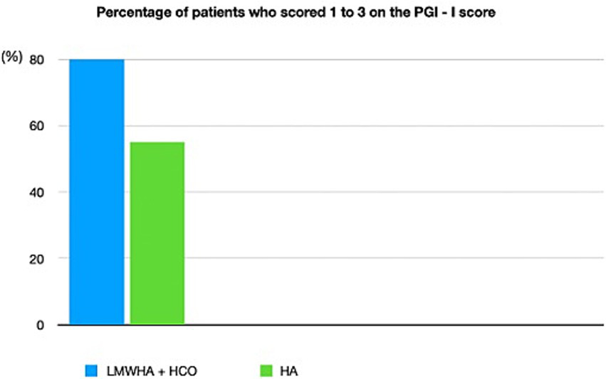 Bar chart showing the percentage of patients who scored one to three on the PGI-I score. The blue bar for LMWHA + HCO is at 80 percent, while the green bar for HA is at 55 percent.