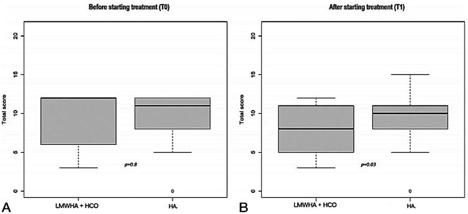 Box plots comparing total scores before and after treatment. Panel A shows scores at T0; LMVHA + HCO group scores vary widely, while HA group scores are higher and more consistent. Panel B shows scores at T1; LMVHA + HCO have a reduced range, and HA scores remain higher but more widely dispersed. The p-values are 0.8 for T0 and 0.03 for T1.