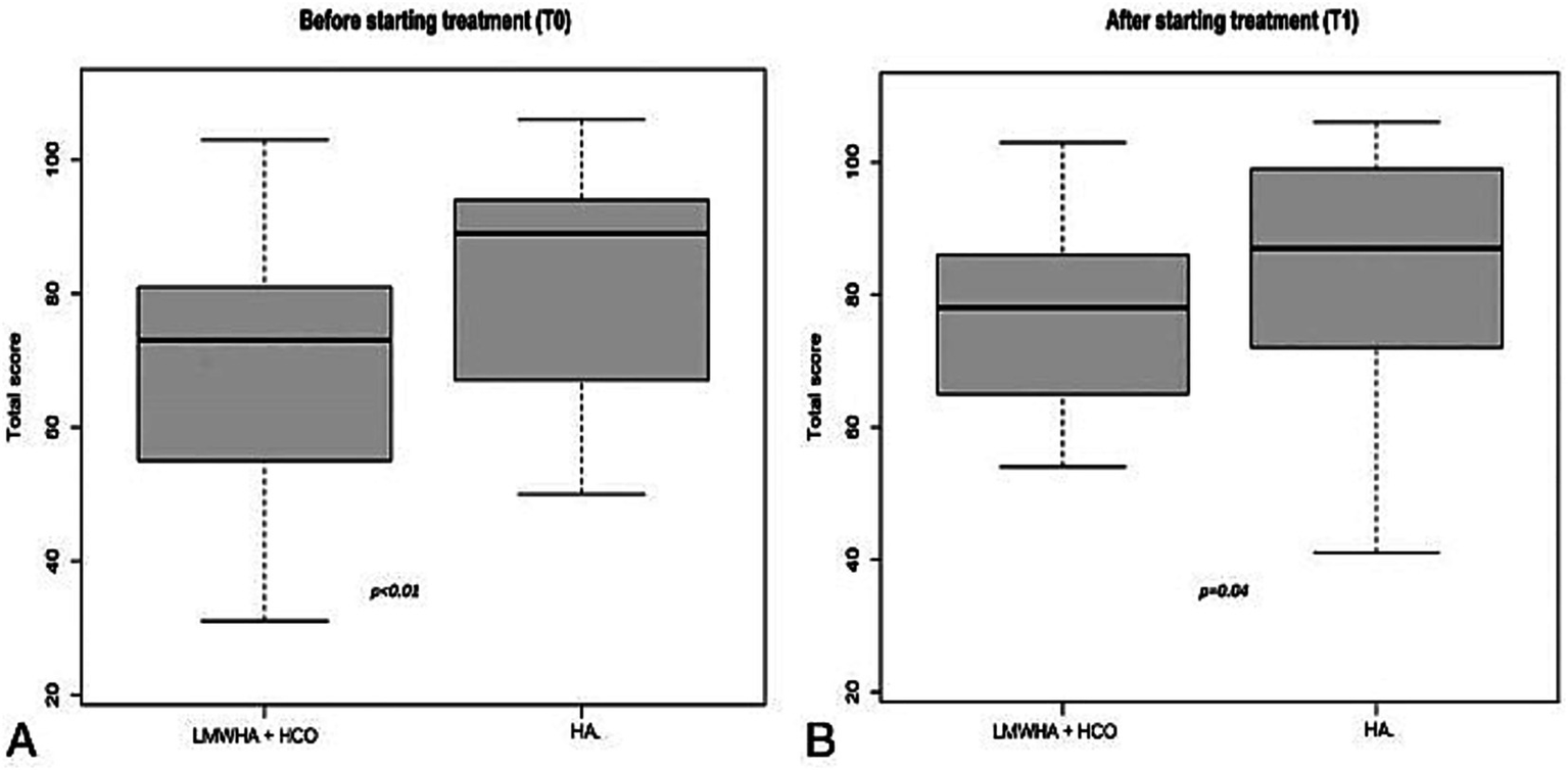 Two box plots compare scores before and after treatment. Panel A shows scores before treatment (T0) with two groups: LMWHA+HCO and HA. Panel B shows scores after treatment (T1). Both plots indicate significant differences, with p-values less than 0.05.