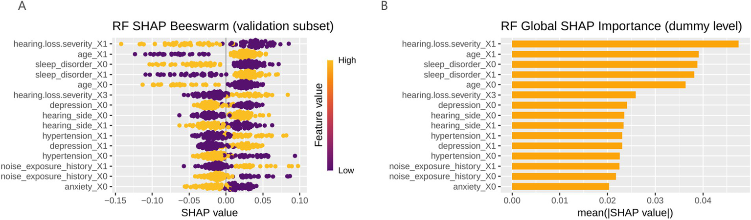Panel A shows a RF SHAP beeswarm plot for a validation subset, illustrating SHAP values for various features with color indicating feature value. Panel B presents a bar chart of RF Global SHAP Importance at a dummy level, ranking features by mean absolute SHAP value. Both depict factors like hearing loss severity and age as significant features.
