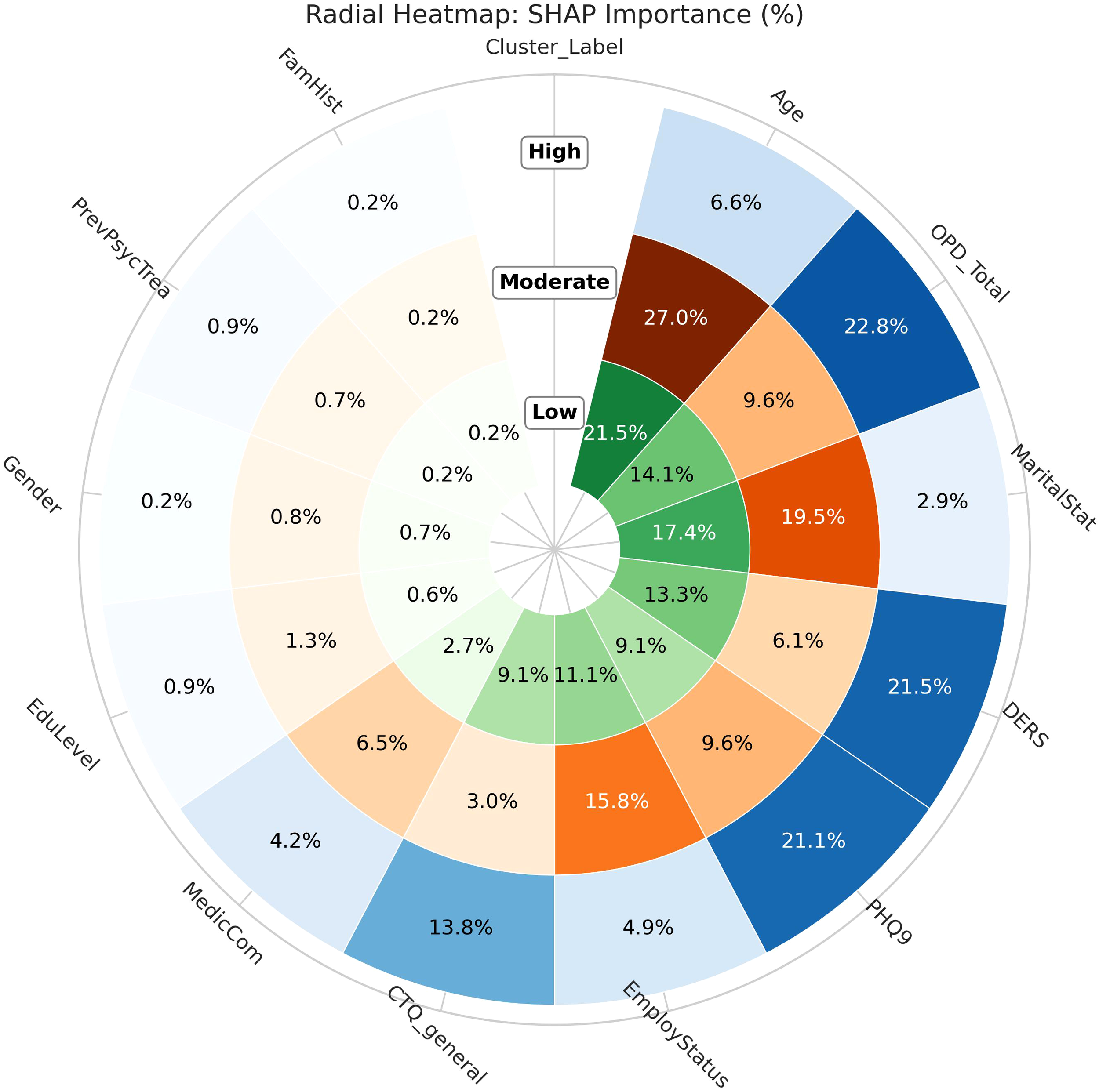 Radial heatmap displaying SHAP importance scores in percentages for various features labeled around the circle, such as Age, OPD_Total, and Gender. The heatmap is divided into three categories: High, Moderate, and Low, with color gradients representing varying importance levels. Key values include high importance at 27.0% for Age, moderate at 19.5% for MaritalStat, and low at 0.2% for Gender.