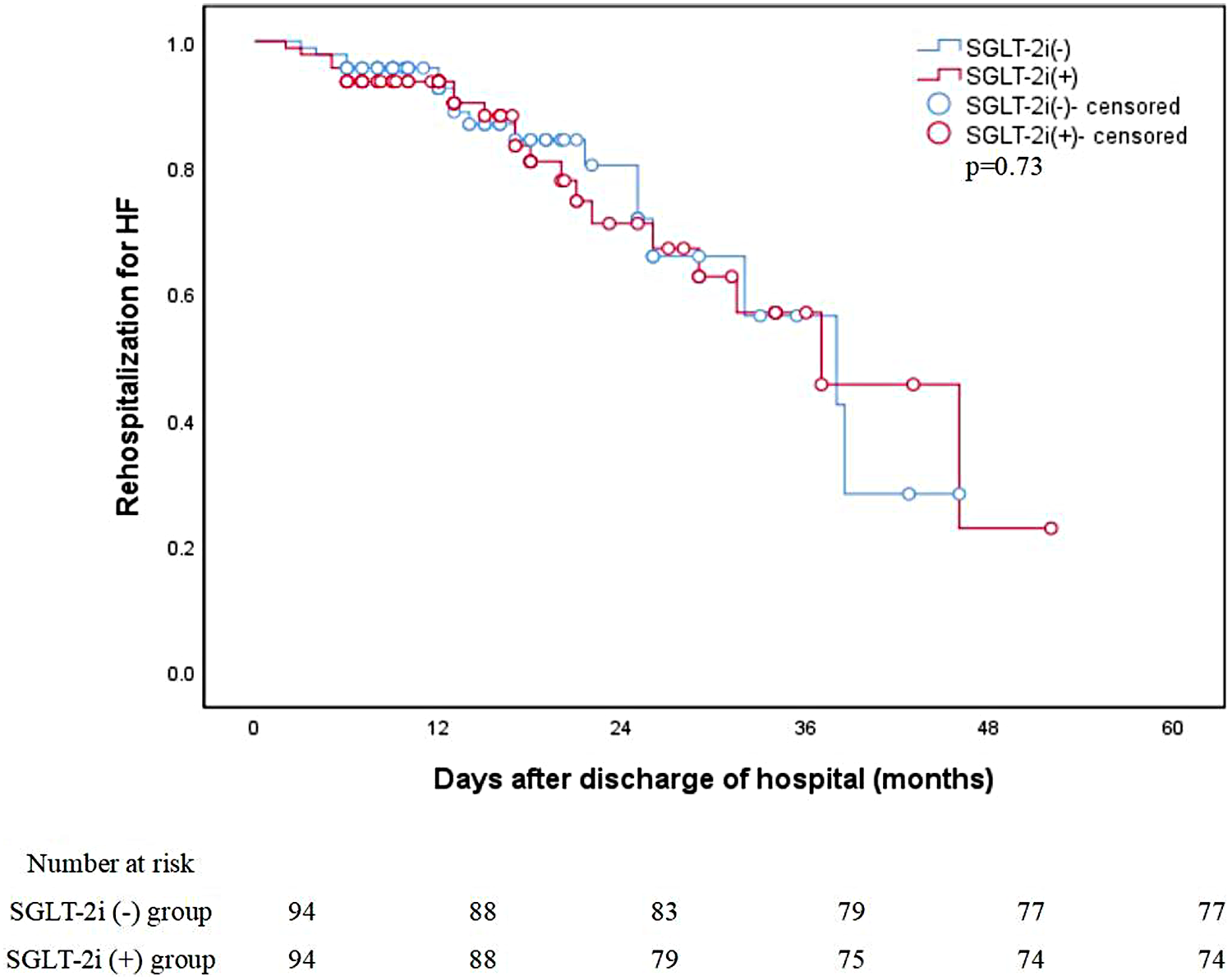 Kaplan-Meier survival curve comparing rehospitalization rates for heart failure between SGLT-2i(-) and SGLT-2i(+) groups over 60 months post-hospital discharge. The curves are similar with overlapping censored data points, indicated by circles, and a p-value of 0.73, showing no significant difference. The number of patients at risk decreases over time for both groups.