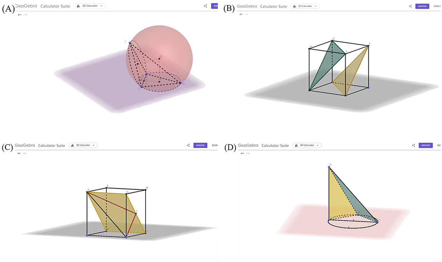 Panel A displays a transparent pink sphere intersecting a purple plane with black dashed lines connecting points inside and outside the sphere, illustrating geometric relationships. The Panel A examines the problem of the circumscribing sphere of a triangular pyramid. Panel B shows a three dimensional cube with two colored triangular planes inside, one yellow and one teal, highlighting spatial relationships within the cube. Panel B presents the proof of the parallel relationship between planes. Panel C presents another cube containing a single yellow quadrilateral plane and red and black diagonals, focusing on planar geometry in three dimensions. Panel C investigates the angle between a straight line and a plane. Panel D features a cone with a circular base outlined in black, two colored sides, and connecting dashed edges, demonstrating basic solid geometry. Panel D establishes the perpendicular relationship between a line and a plane.