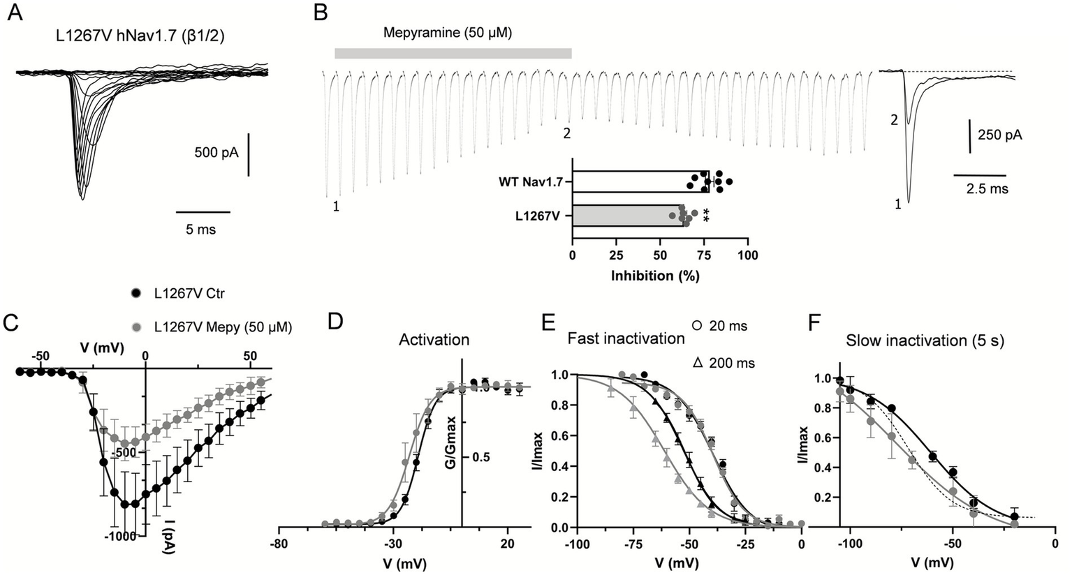 Electrophysiological data for L1267V hNav1.7 channels are shown. Panel A displays current traces with a scale of 500 pA and 5 ms. Panel B shows the effect of 50 µM mepyramine on inhibition, with a graph illustrating the difference between WT Nav1.7 and L1267V. Panel C includes voltage-current relationships with two conditions: control and mepyramine-treated. Panel D presents activation curves. Panel E depicts fast inactivation at 20 ms and 200 ms, while Panel F shows slow inactivation after 5 seconds, with plotted curves and error bars.