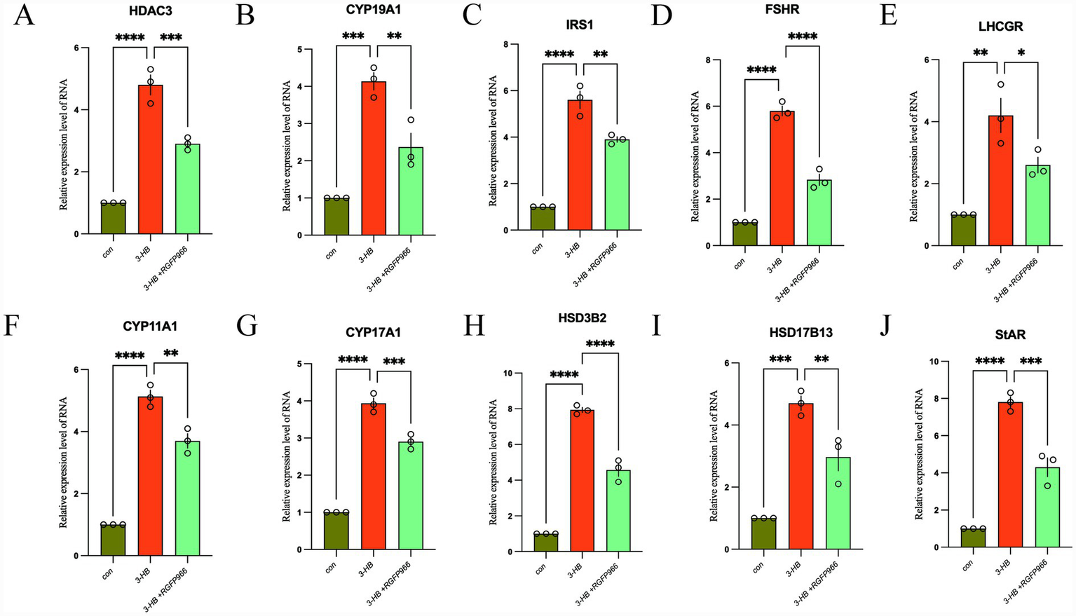 Bar graphs labeled A to J show the relative expression levels of different genes (HDAC3, CYP19A1, IRS1, FSHR, LHCGR, CYP11A1, CYP17A1, HSD3B2, HSD17B13, StAR) across three conditions: control, 3-HB, and 3-HB plus RGFP966. Each graph displays significant changes marked by asterisks, indicating statistical significance ranging from one to four asterisks. The bars represent mean values with error bars for standard deviation.