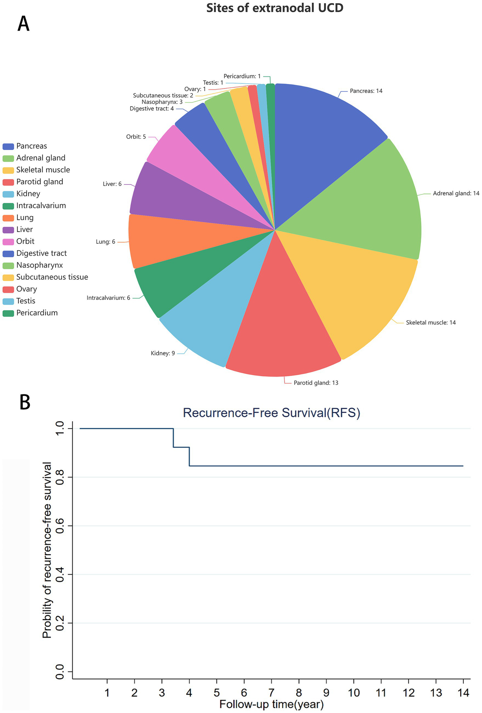 Chart A is a pie chart illustrating the sites of extranodal UCD. The largest portions are pancreas, adrenal gland, skeletal muscle, and parotid gland, each labeled with numbers. Chart B is a line graph showing recurrence-free survival (RFS) over time in years, displaying a survival probability starting at 1.0 and decreasing slightly around 4 years before stabilizing.