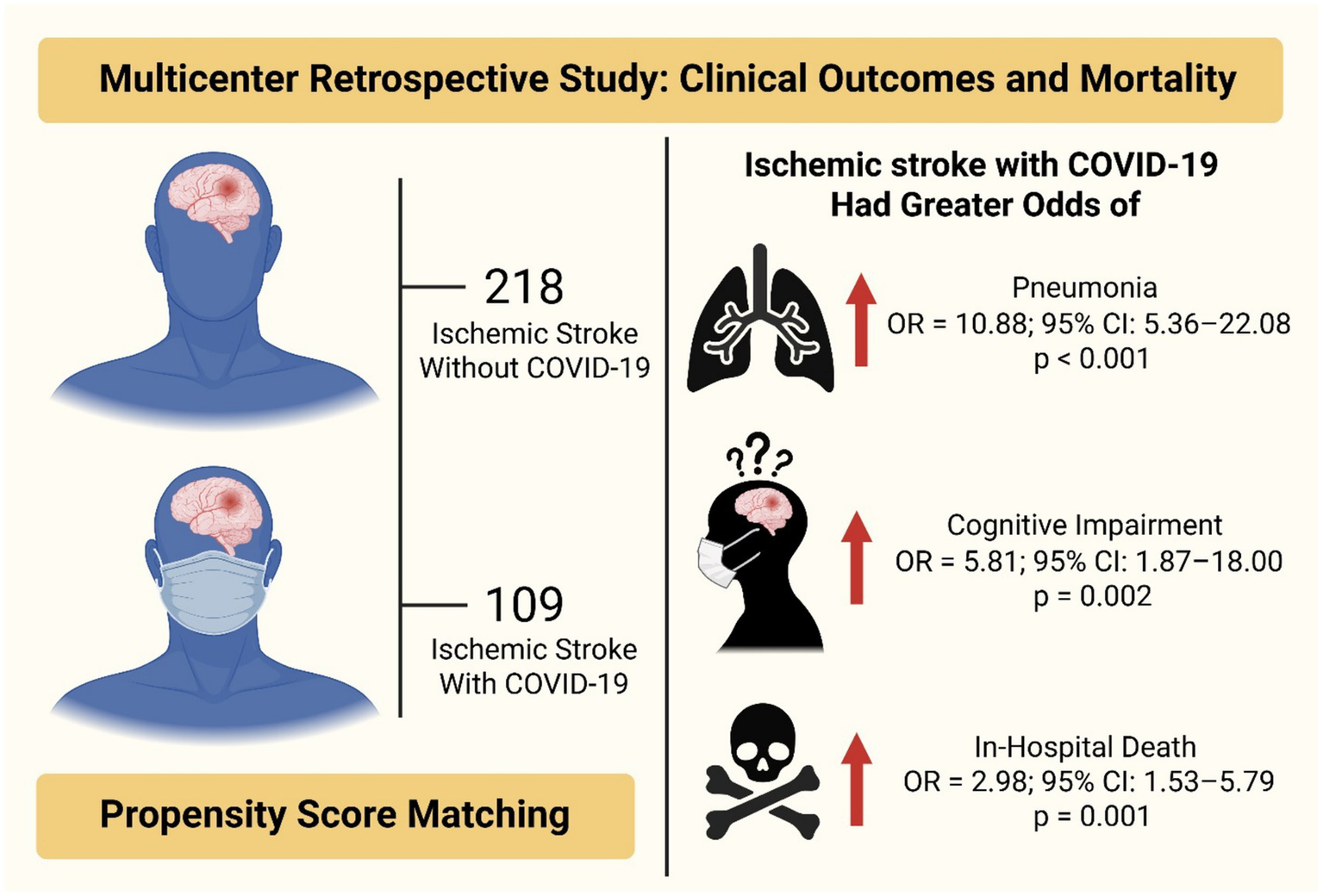 Multicenter retrospective study comparing clinical outcomes and mortality in ischemic stroke patients with and without COVID-19. Includes 218 patients without COVID-19 and 109 with COVID-19. Increased risk in COVID-19 group: pneumonia (odds ratio: 10.88), cognitive impairment (odds ratio: 5.81), and in-hospital death (odds ratio: 2.98). Propensity score matching is used.