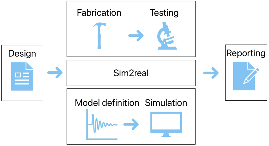 Flowchart illustrating an typical soft robotics workflow: design leads tofabrication and testing, or to model definition and simulation via Sim2real, concluding with reporting.