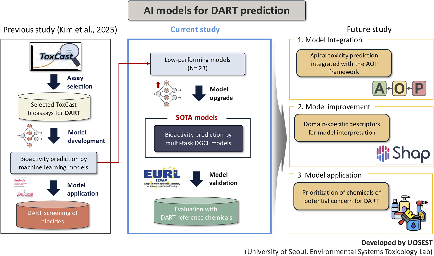 Flowchart summarizing AI models for DART prediction with sections for previous, current, and future studies. Steps include ToxCast assay selection, machine learning model development, upgrades to multi-task DGCL models, validation with reference chemicals, and future plans for model integration, improvement, and chemical prioritization.