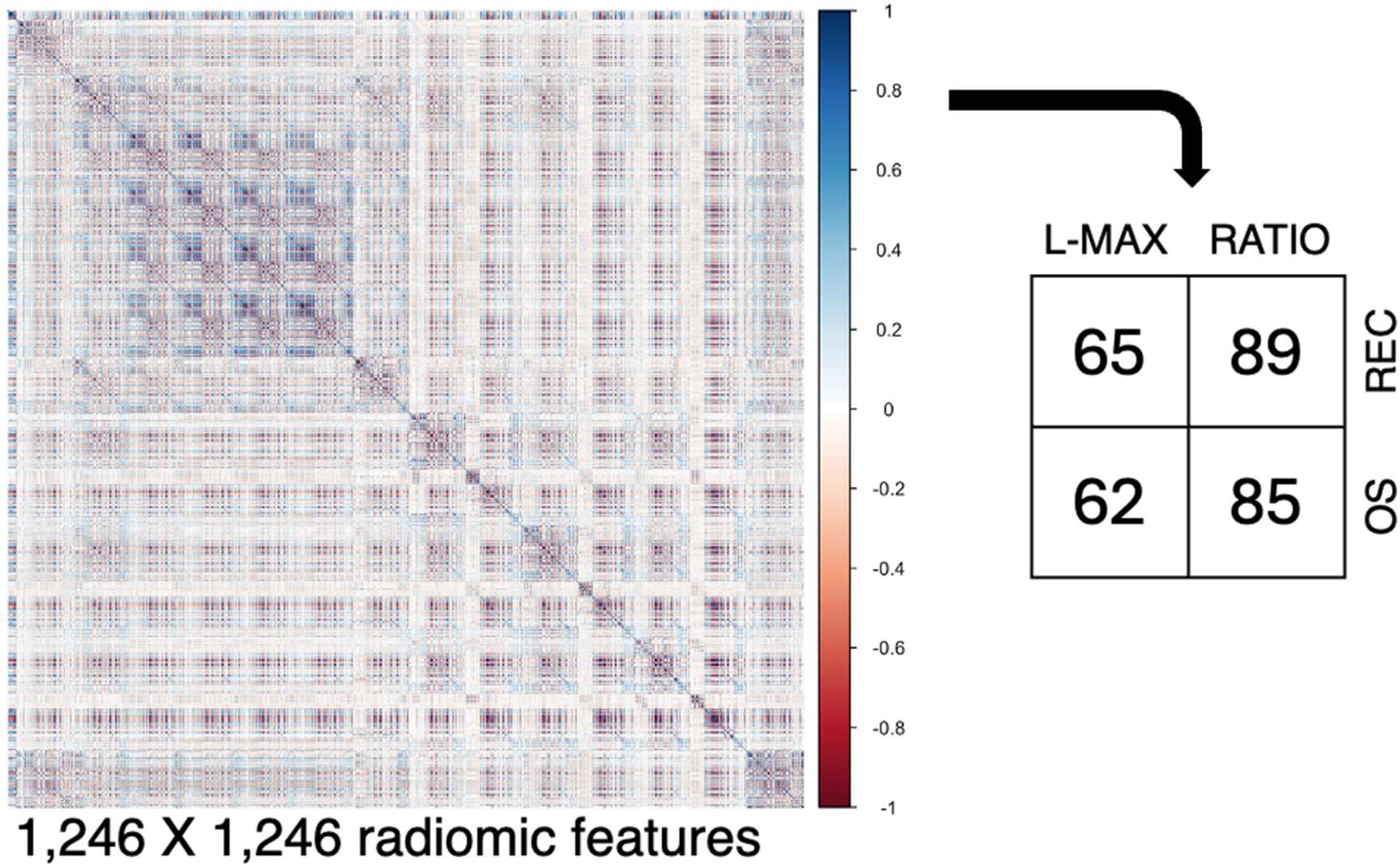 Correlation matrix heatmap of 1,246 radiomic features with a color scale from -1 to 1. Adjacent table displays values: L-MAX REC 65, OS 62; RATIO REC 89, OS 85.