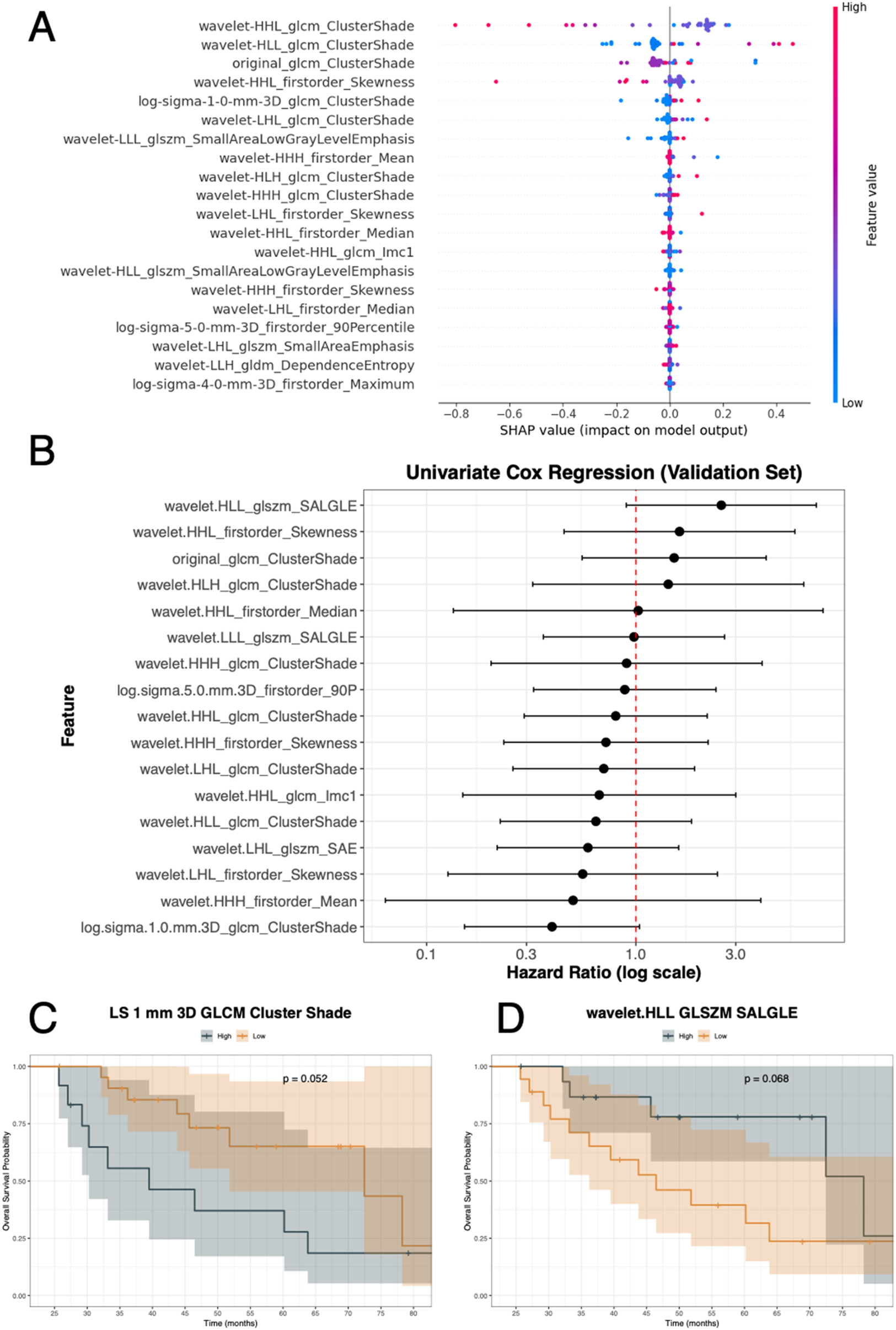 Panel A shows a SHAP summary plot with features plotted against SHAP values indicating their impact on the model. Panel B presents a forest plot from a Cox regression analysis, displaying hazard ratios for various features. Panels C and D are Kaplan-Meier survival curves comparing high and low groups with p-values indicated, showing survival probabilities over time.