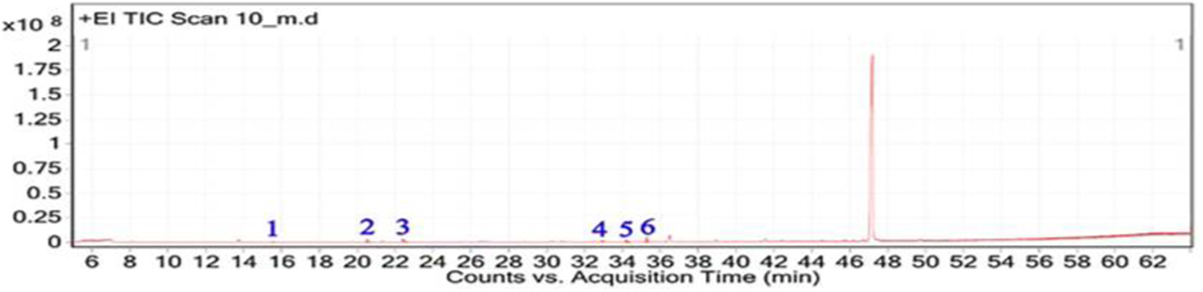 Chromatogram depicting total ion counts versus acquisition time in minutes, labeled “EI TIC Scan 10_m.d.” Peaks are marked at intervals: 16, 22, 24, 30, 32, and 34 minutes. A significant peak occurs near 48 minutes. The vertical scale is in multiples of ten million.