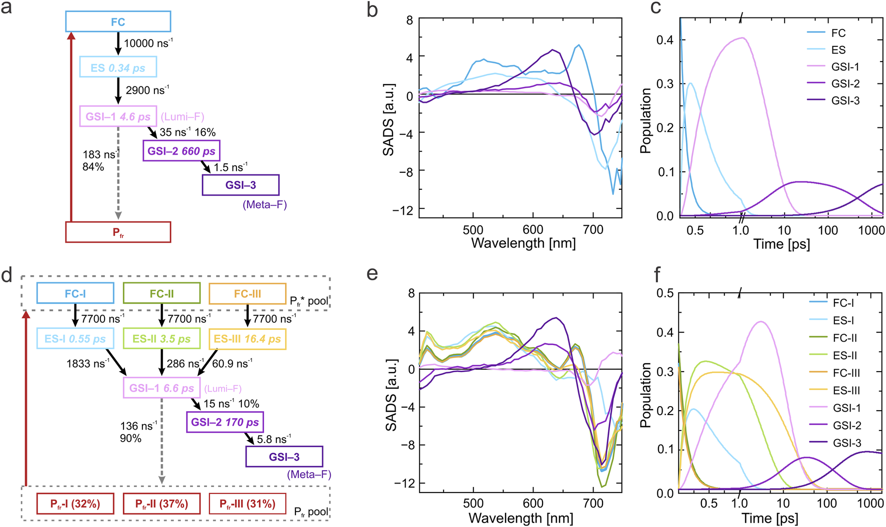 Six-part composite image depicting photochemical pathways and spectral data. a) Diagram of transitions between states FC, ES, GSI-1, GSI-2, and GSI-3 with decay rates and lifetimes. b) Graph showing species-associated difference spectra (SADS) across wavelengths for states in panel a. c) Population dynamics over time for states in panel a. d) Diagram illustrating transitions among states FC-I, FC-II, FC-III, ES-I, ES-II, and associated photoproducts with decay rates. e) SADS graph for states in panel d. f) Population dynamics over time for states in panel d.