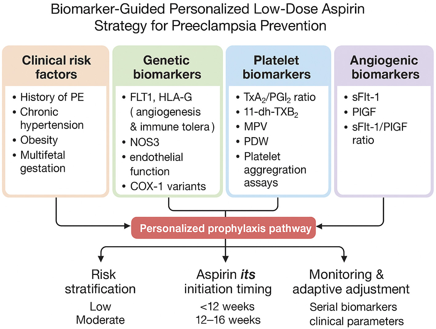 Flowchart illustrating a personalized low-dose aspirin strategy for preeclampsia prevention, divided into clinical risk factors, genetic biomarkers, platelet biomarkers, and angiogenic biomarkers, leading to individualized prophylaxis, risk stratification, aspirin timing, and monitoring.