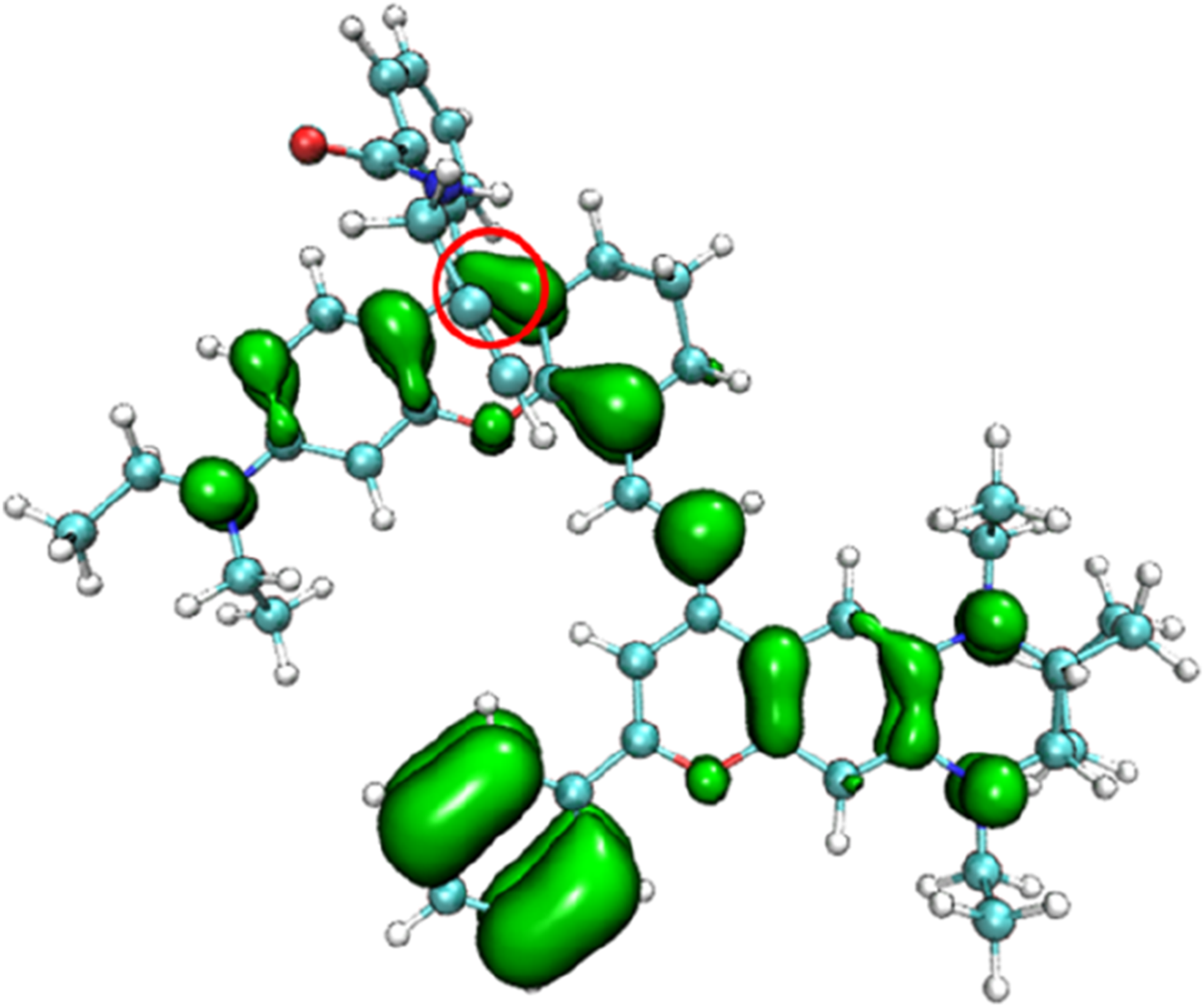 Molecular structure diagram showing clusters of blue spheres connected by lines, representing atoms and bonds. Green lobes indicate electron density, with a red circle highlighting a specific area.