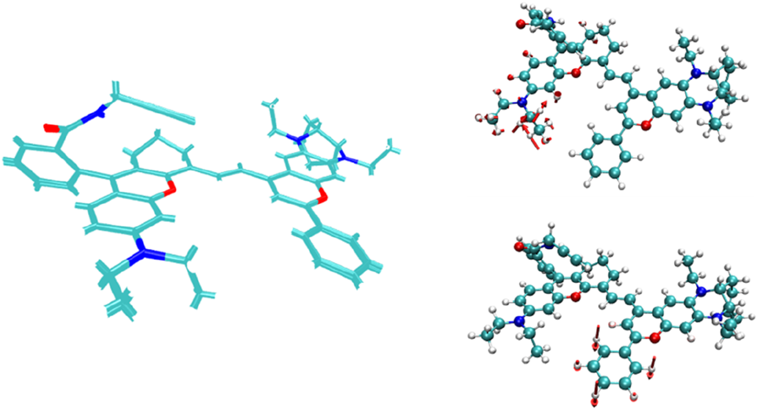 Three molecular models showing complex chemical structures. The left model displays a two-dimensional, linear configuration with turquoise, red, and blue atoms. The right models depict three-dimensional structures with turquoise, red, blue, and white atoms, indicating a more intricate arrangement. Each model highlights different connectivity and spatial orientation between atoms.