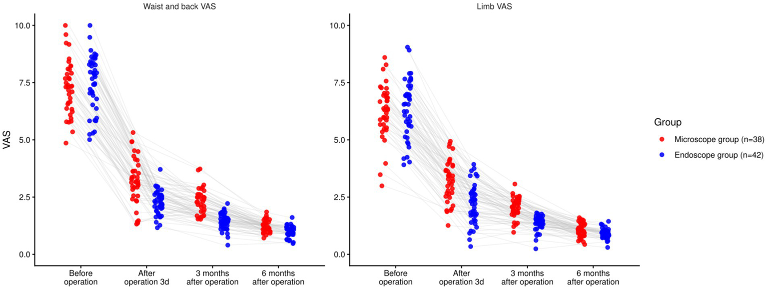 Paired scatter plots compare VAS pain scores for waist/back and limb in microscope (red) and endoscope (blue) groups before operation, three days, three months, and six months after operation, showing a consistent decrease over time in both groups.