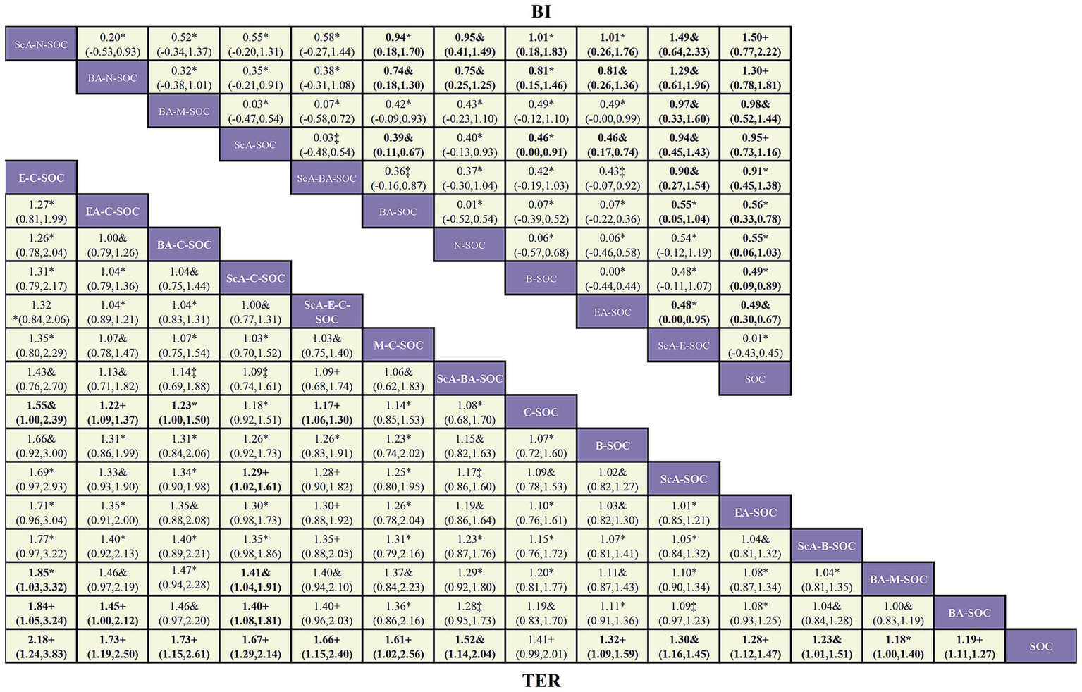 Matrix-style table comparing multiple groups labeled with abbreviations such as ScA-N-SOC, BA-N-SOC, and SOC across two metrics, BI and TER. Cells contain numerical values with confidence intervals in parentheses. Some numbers are bolded or include symbols like asterisk or ampersand, possibly indicating statistical significance. Purple cells display group labels on the diagonal. Data is organized to facilitate comparison between group pairs for both metrics.