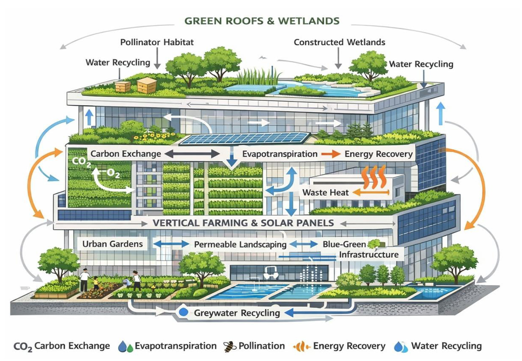 Illustration of a sustainable building featuring green roofs with wetlands, vertical farming, solar panels, and urban gardens. Highlights include carbon exchange, water and greywater recycling, evapotranspiration, pollination, energy recovery, and blue-green infrastructure. Arrows indicate processes such as carbon dioxide and oxygen exchange, waste heat management, and water flow.