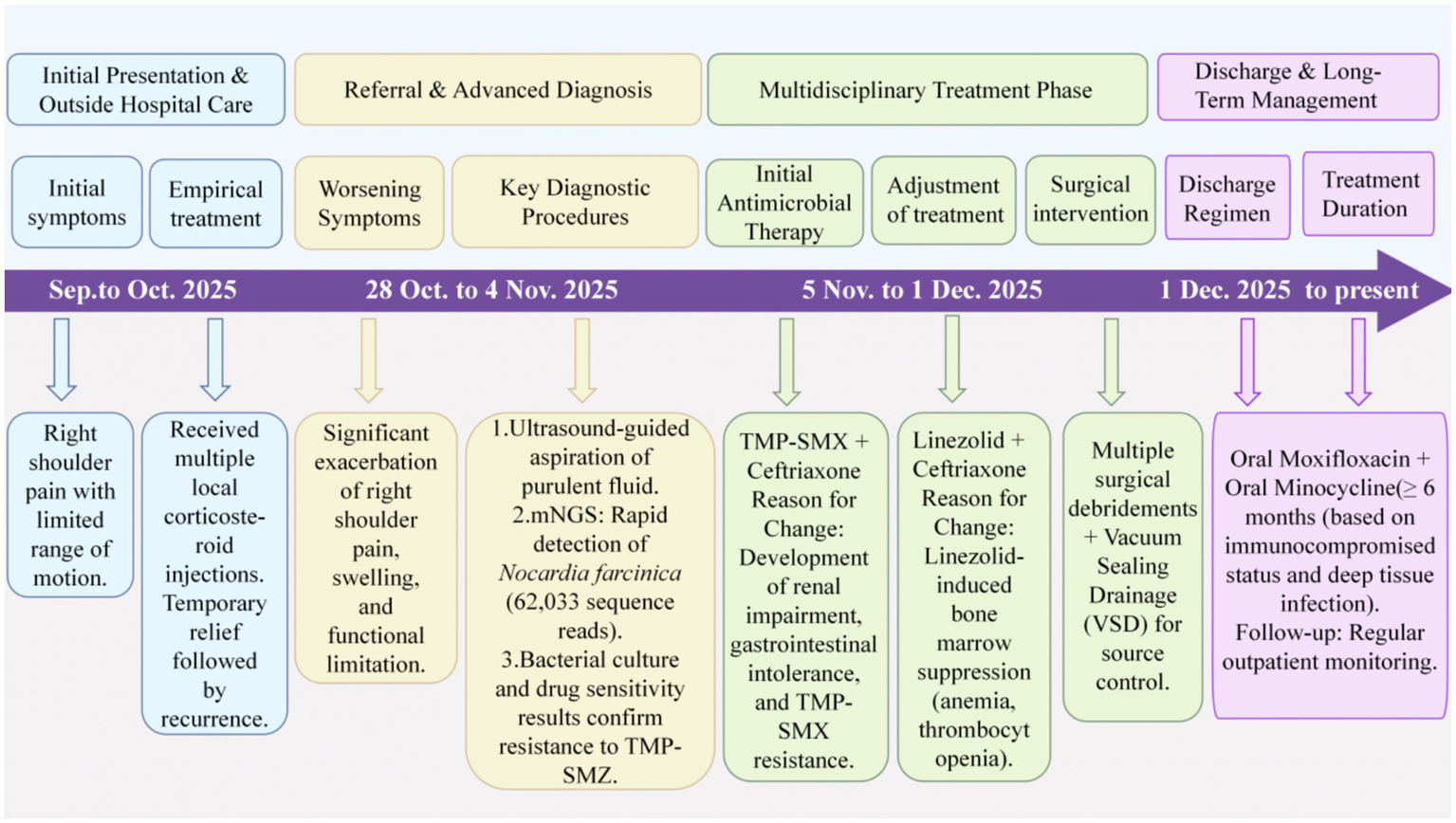 Timeline diagram detailing a patient’s treatment stages from September 2025 onward. It includes initial presentation, diagnosis, and various treatment phases such as antimicrobial therapy and surgical interventions. Key treatments and their reasons for changes are outlined, including ultrasound-guided aspiration, antimicrobial drugs like TMP-SMX and Linezolid, and surgical procedures. The timeline extends to the present, including discharge and long-term management strategies like oral Moxifloxacin and Minocycline, with regular outpatient follow-up.
