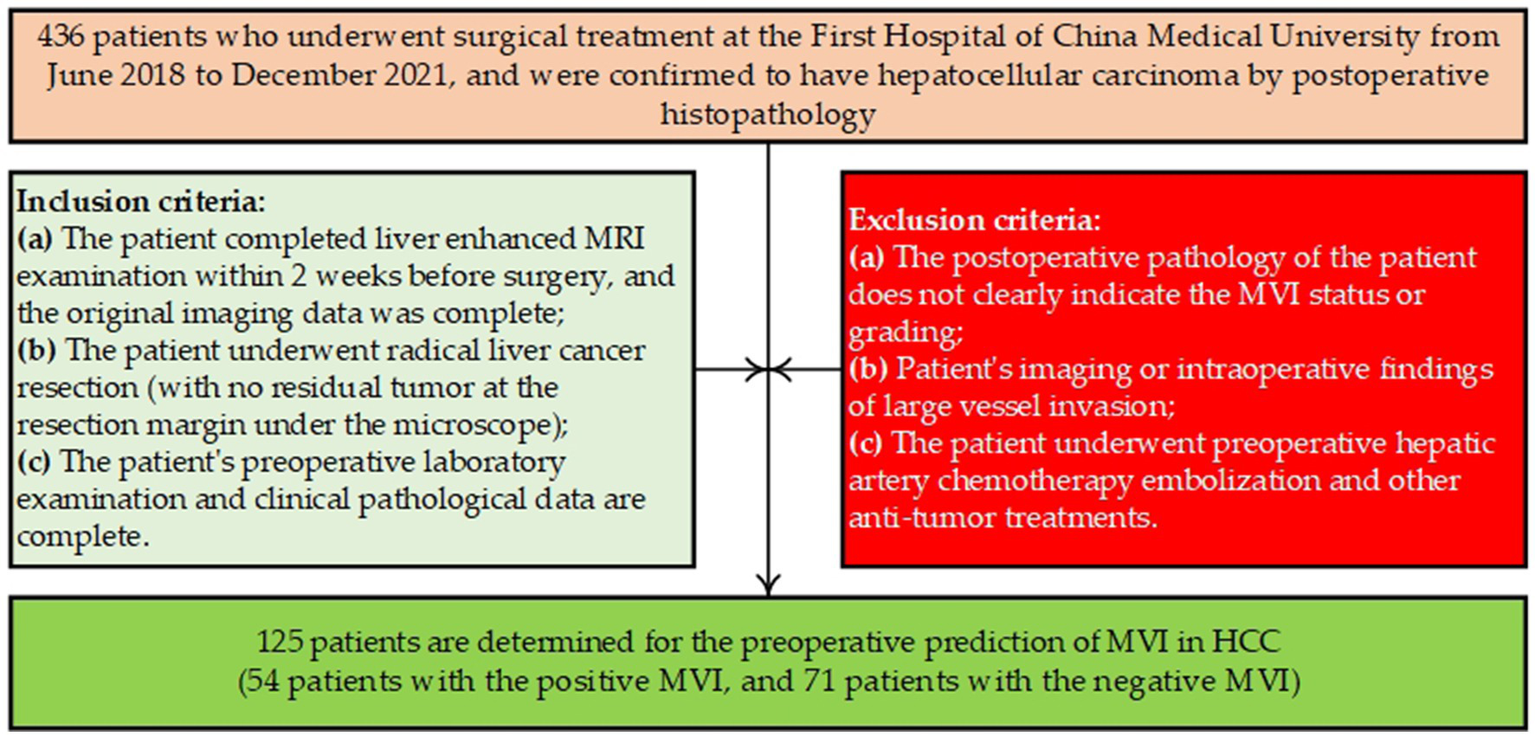 Flowchart detailing patient selection for a study at the First Hospital of China Medical University with 436 hepatocellular carcinoma patients. Inclusion and exclusion criteria are listed, resulting in 125 eligible patients for analysis of preoperative MVI prediction in HCC.