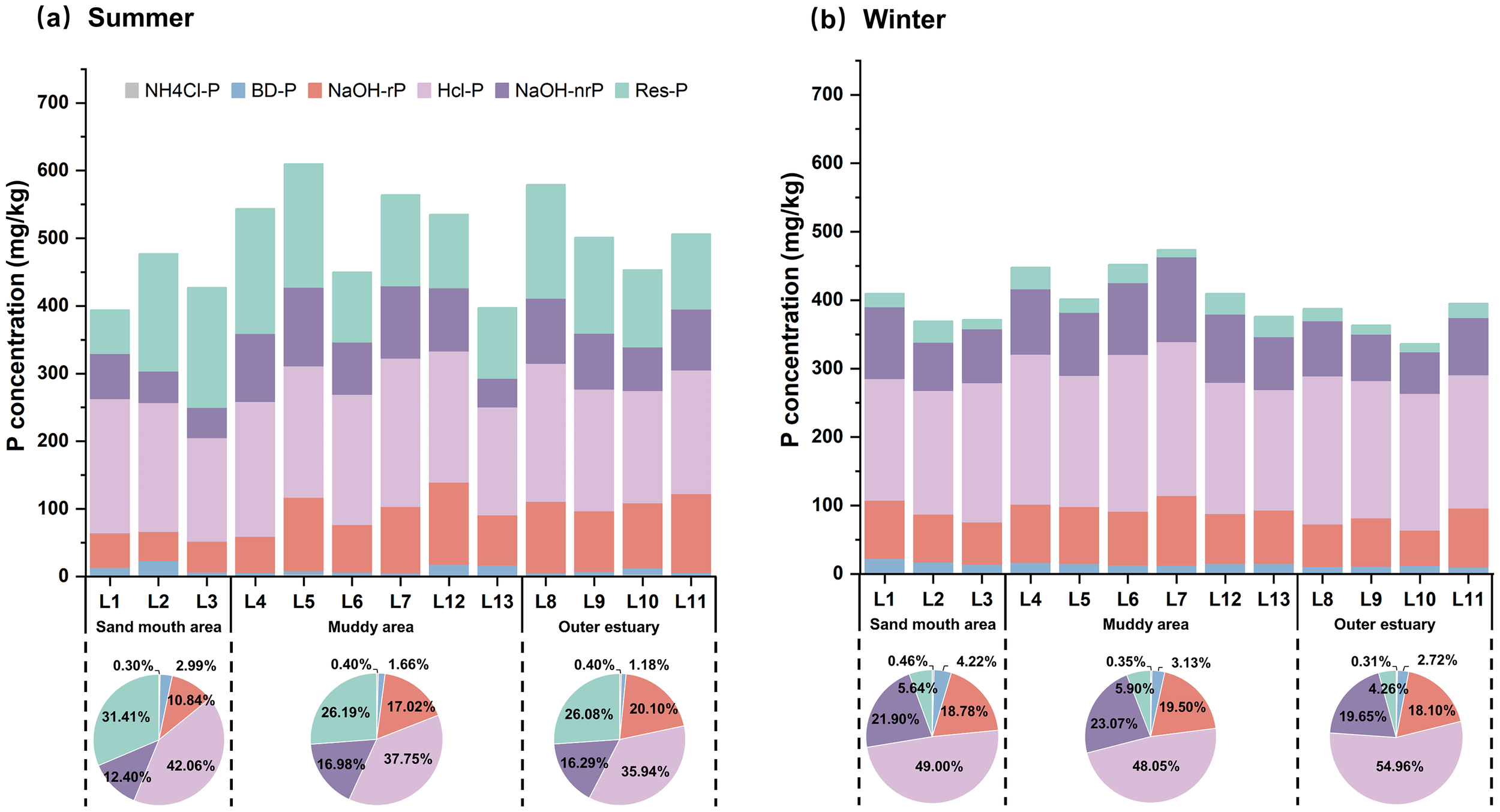 Bar charts display phosphorus concentration in milligrams per kilogram for summer and winter across various locations labeled L1 to L13. Each bar consists of sections with different colors representing NH4Cl-P, BD-P, NaOH-rP, HCl-P, NaOH-nrP, and Res-P. Below each chart are pie charts showing the percentage distribution of these phosphorus types in sand mouth, muddy, and outer estuary areas. Summer shows higher overall concentrations compared to winter.