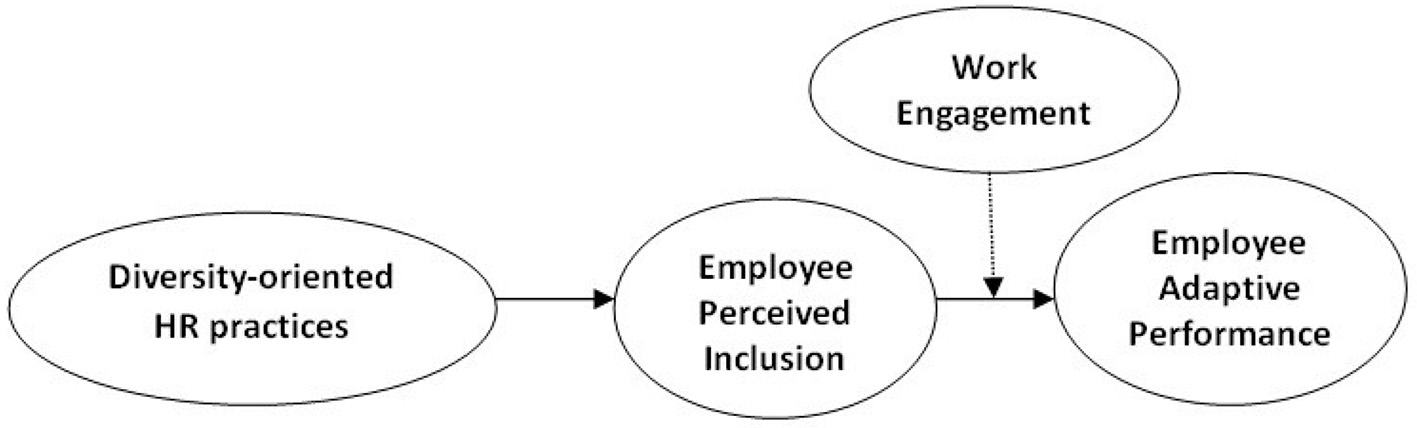 Conceptual diagram illustrating that diversity-oriented HR practices lead to employee perceived inclusion, which influences employee adaptive performance; work engagement moderates the relationship between perceived inclusion and adaptive performance.