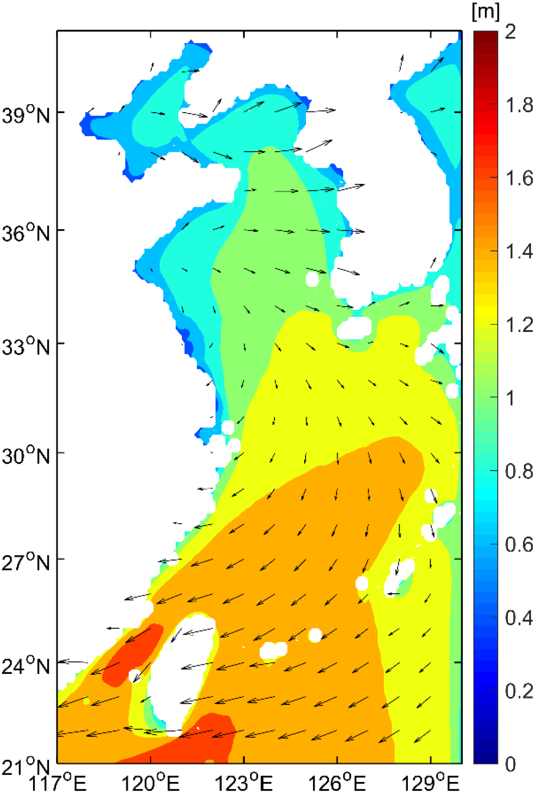 Color-shaded map showing wave heights in meters for a region between 21 degrees north to 39 degrees north and 117 degrees east to 129 degrees east, with a scale bar from 0 to 2 meters and overlaid black arrows indicating wave directions.