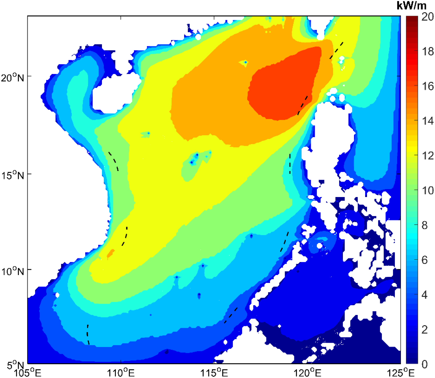 Colored contour map showing wave power distribution in kilowatts per meter near the South China sea, ranging from blue at 0 to red at 20, with highest intensity in the northeast section.
