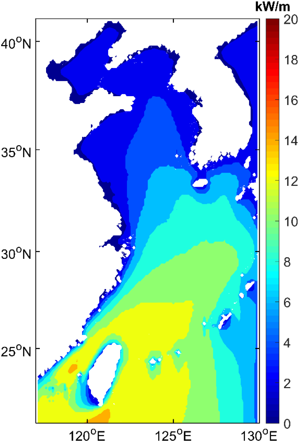Colored contour map showing wave energy distribution along the eastern Asian coastline, with values from 2 to 20 kilowatts per meter. Intensity increases from deep blue near shore to yellow and red offshore.