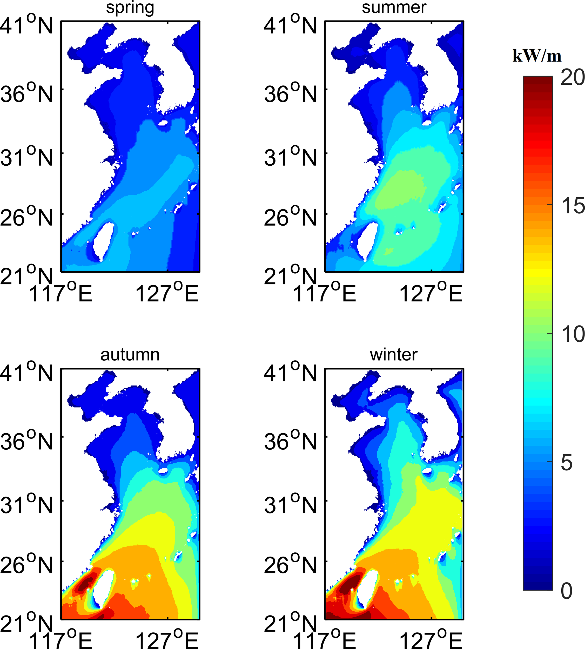 Four contour maps display seasonal depth distributions for a marine region, covering spring, summer, autumn, and winter. Depth in meters is represented by a color bar ranging from blue at zero to red at twenty meters.
