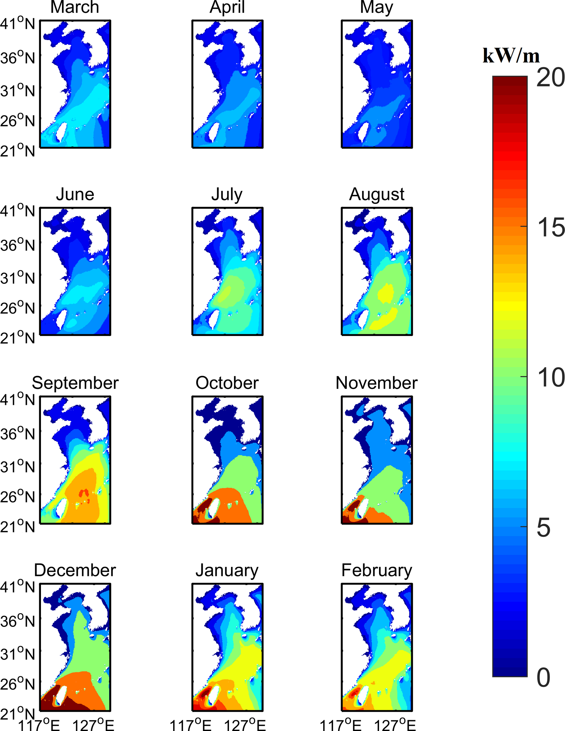 Twelve monthly heatmaps show water column depth in meters for a northwestern Pacific region, with values increasing from blue to red. Most months display shallow depths in blue, with gradual red expansion from September to January, indicating deeper water layers. A vertical color bar on the right ranges from zero in blue to twenty meters in red.