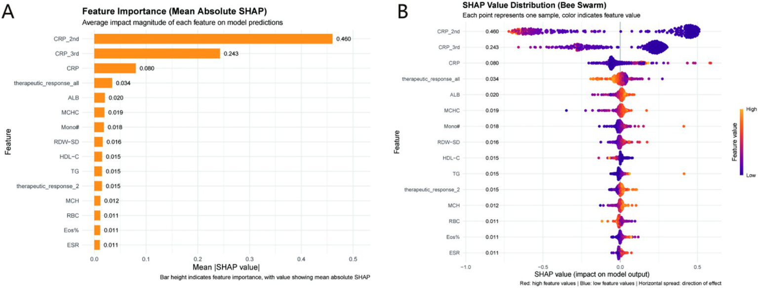 Chart A shows a bar graph of feature importance using mean absolute SHAP values, highlighting CRP_2nd, CRP_3rd, and CRP as most influential. Chart B depicts a SHAP value distribution bee swarm plot, where each point represents a sample. Features like CRP_2nd and CRP_3rd show varied impacts on the model output, indicated by the spread and color gradient from red (high feature values) to blue (low feature values).