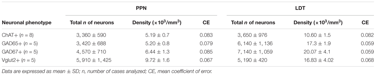 Frontiers Stereological Estimates Of Glutamatergic Gabaergic And Cholinergic Neurons In The Pedunculopontine And Laterodorsal Tegmental Nuclei In The Rat Frontiers In Neuroanatomy