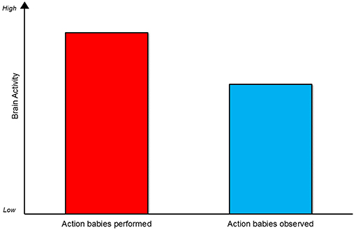 Figure 3 - In this graph, you can see that brain activity changed the most for the action babies had done before (the red bar) compared with the action that they had only seen before (the blue bar).