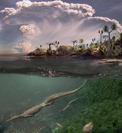 Figure 4 - Reconstruction of mesosaurs in their harsh environment 280 million years ago, showing closely placed volcanoes spreading ashes over the salt-water lake where they lived.