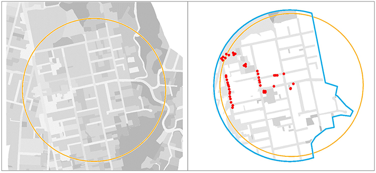 Figure 1 - Left: One child’s neighborhood range is shown as a 500-m radius circle around his home.