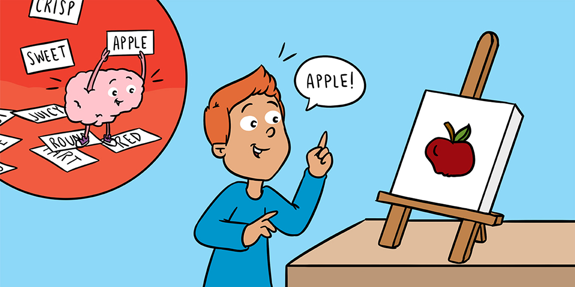 cartoon of the brain retrieving the word apple 